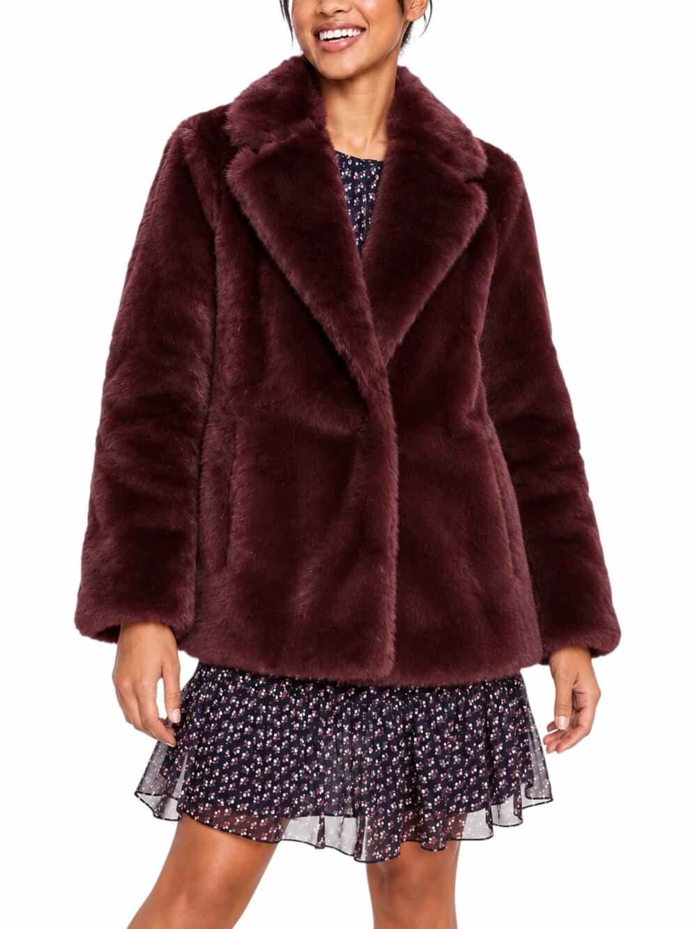 Boden Boxgrove Snap Button Faux Fur Coat Burgundy Wine Red Size 6
